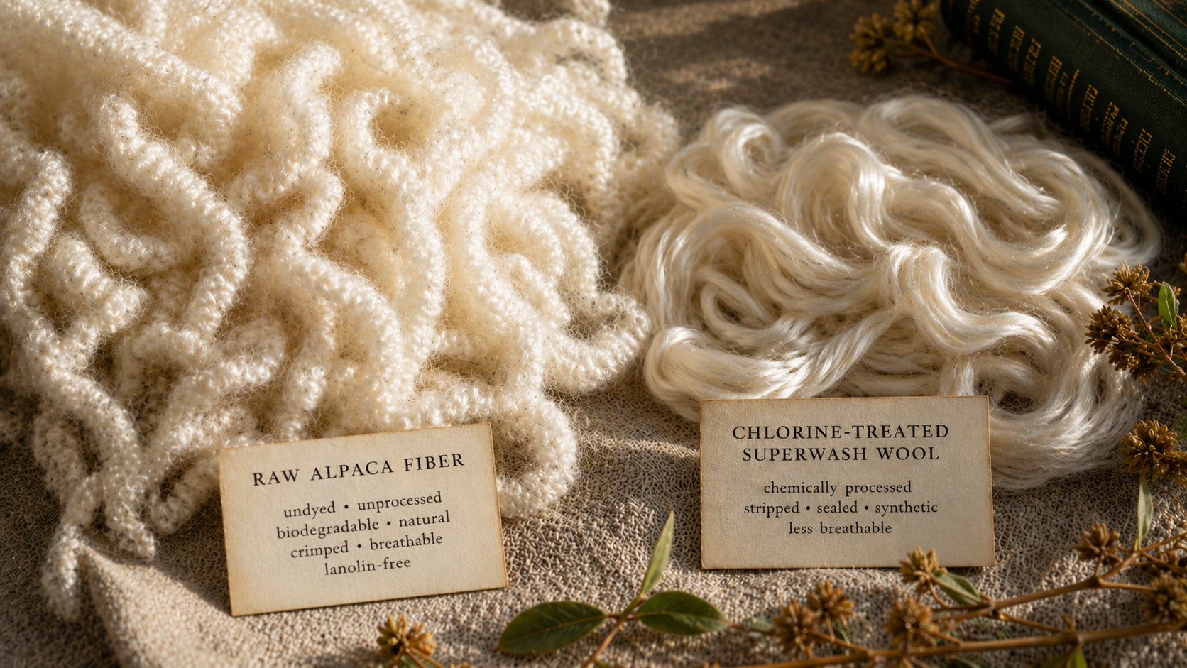 On the left, raw alpaca locks, undyed, unprocessed, biodegradable, natural, crimped, breathable, lanolin-free. On the right, chlorine-treated superwash wool, chemically processed, stripped, sealed with synthetic, less breathable.