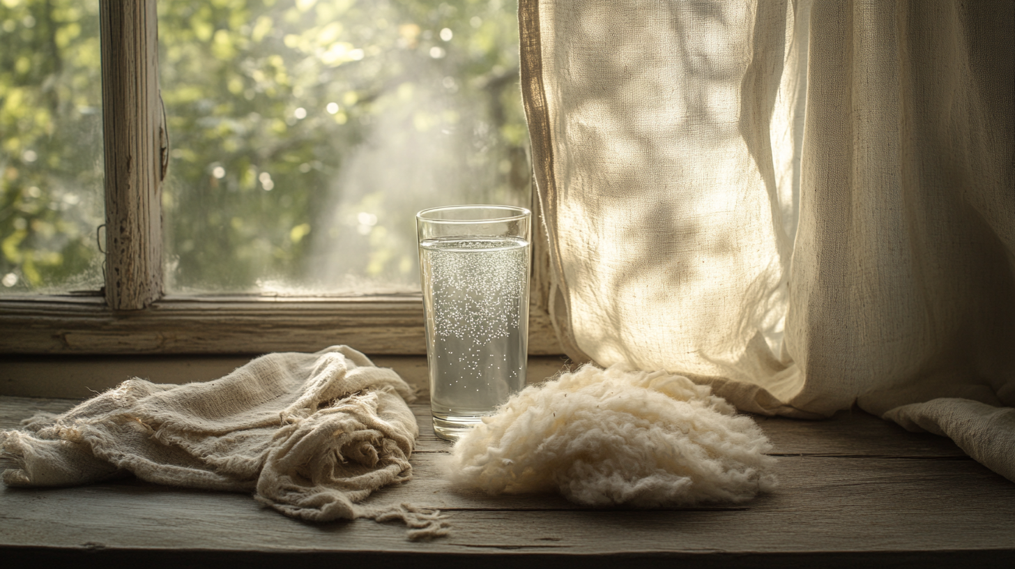 A still life arrangement on a weathered wooden table with natural fabric on the left, which is starting tobiodegrade; intact everlasting synthetic fibers on the right, and a glass of water containing microplastic particles, between them.